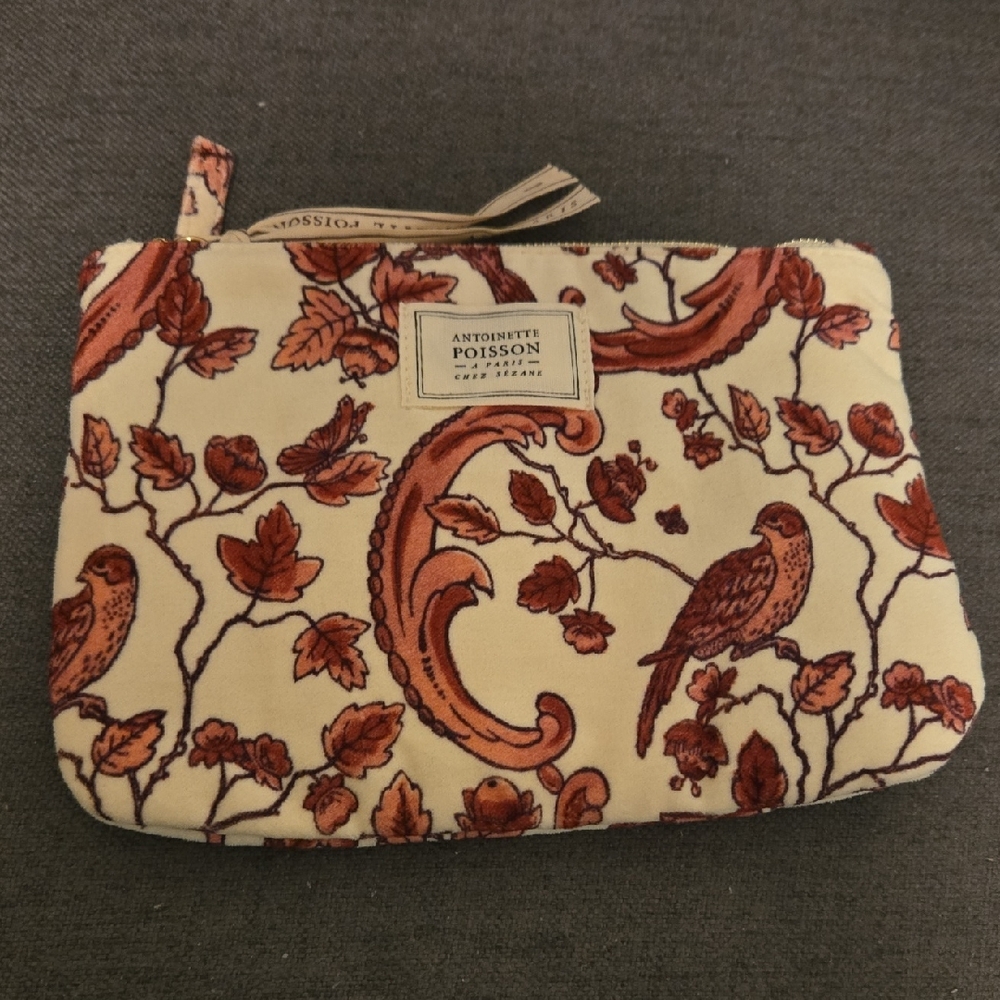 NWOT Sezane Cream and Red Bird Pattern Cosmetic Bag